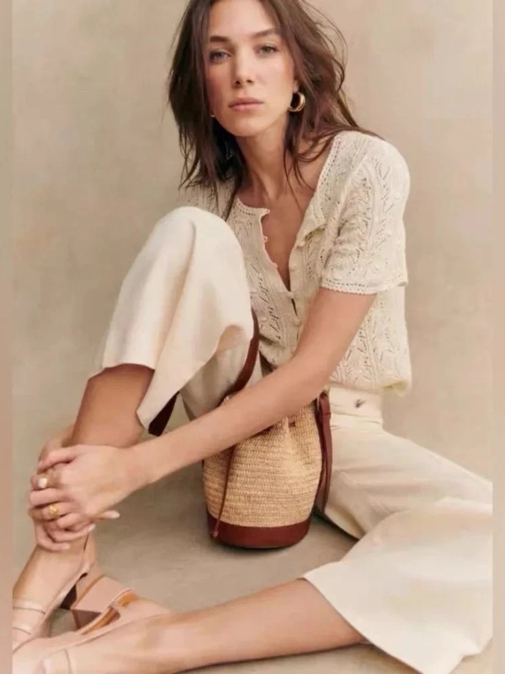 Sezane Milane Top in Ivory Cream Cottagecore Crochet Knit Top